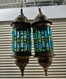 Pair Of Jeweltone Hanging Decorative Tea Light Lanterns