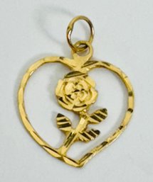 14K GOLD BRIGHT CUT ROSE IN A HEART CHARM OR PENDANT