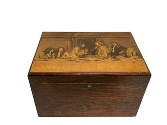 Antique Wooden Box With White Glass Interior And Hinged Lid Featuring 18th C. Men At A Dining Table