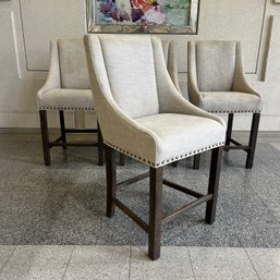 A Set Of 4 Restoration Hardware Nailhead Linen Upholstered Counter Chairs