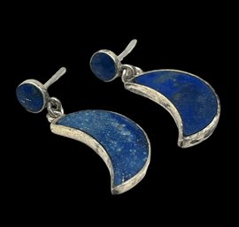 Vintage Sterling Silver Lapis Moon Shaped Earrings