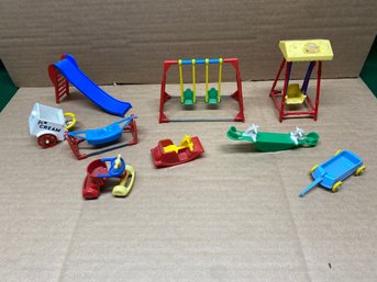 Vintage Doll House Play Gound. Acme Express And Renwal Swings, Riding Toys, Seesaw, Slide, Hammock.