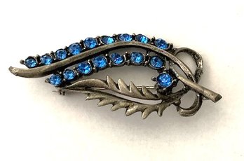 Vintage Leaf-shape Pin Brooch With Blue Rhinestones
