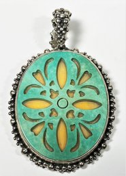 Large Silver Tone (sterling?) Pendant Having Turquoise Carved Stone Enhancer