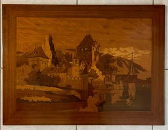 A Vintage European Inlaid Marquetry Art Panel - Mountain Scene