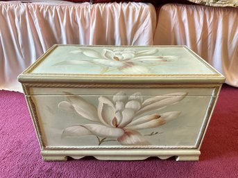 Vintage Antique Wood Hand Painted Flowers Chest Box With Two Side Handles.