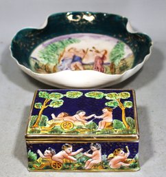 Lot Two Pieces Of Vintage Capodimonte Table Box And Bowl