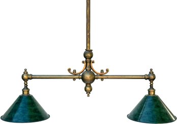 A Vintage Brass Light Fixture With Custom Metal Shades In Gaslight Style