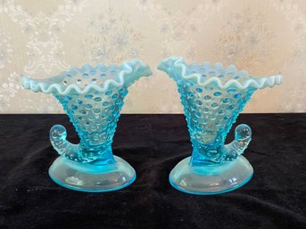 Vintage Fenton Blue Opalescent Cornucopia Hobnail Ribbon Edge Glass Vases