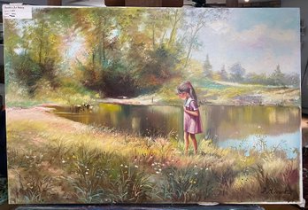 Oil On Canvas Of Little Girl By River Signed J. March