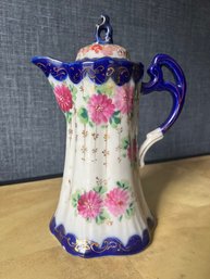 Tall Handpainted Nippon Coffee Or Chocolate Pot Cobalt Blue With Pink Florals