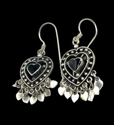 Vintage Sterling Silver Heart And Onyx Color Dangle Earrings