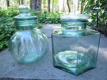 2 Amazing Aqua Colored Glass Vessels With Lids