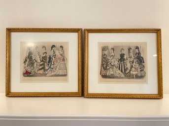 Pair Of Antique Fashion Illustrations From The Godey's Magazine In Gilt Frames.