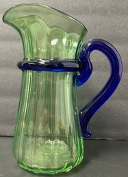 Art Reed 2006 Glass Blower Signed - Art Glass Pitcher - Narrow Blue & Green - 7.25 H X 3.75 Top X 5.5 Widest