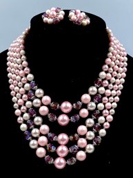 Vintage Faux Pearl 5 Line Necklace & Earring Set