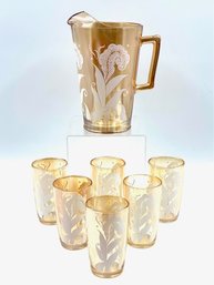 Vintage Mid Century Marigold Luster Carnival Glass Beverage Set By Jeanette Glass - 7 Pieces