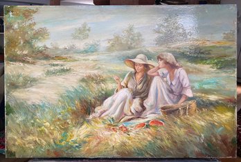 Heavily Varnished Oil On Canvas Of Ladies Signed Lower Right