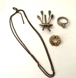 Miscellaneous Lot: Necklace With Sterling Clasp, Size 8 Steel Ring Marked Old New York, 2 Pins Brooches