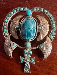 Interesting Silver Winged Cross Pin With Jade And Turquoise Inlay