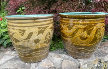 Two Jumbo Chinese Dragon Glazed Earthenware Garden Planters
