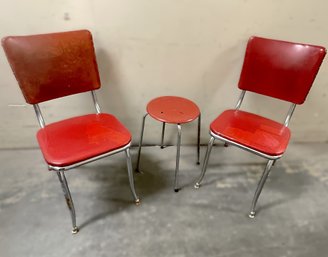 Retro Red Vinyl And Chrome Set- Two Chairs And Small Table For Restoration