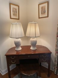 Pair Of Asian Inspired Ceramic Cream Colored Table Lamps With Raised Decoration. 31' Tall (MBR)