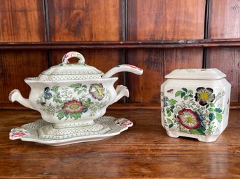 Masons Ironstone Small Tureen, Under-plate, Ladle  And A Tea Caddy