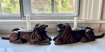 Pair Of Carved Wooden Lion Candle Holders