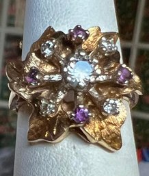 VINTAGE 14K GOLD DIAMOND & PINK SAPPHIRE FLOWER RING