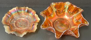 Vintage Marigold Carnival Glass Bowls - Apple Blossoms Dugan 7 1/8 Diameter - Plain Octagon 9 Inch Diameter