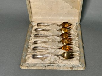 Six Antique Sterling Silver Oyster Forks With Box