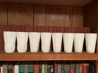 8 Vintage Embossed Milk-glass Beverage Glasses With Vine And Grapes Motif.