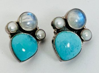 DESIGNER NICKY BUTLER GORGEOUS TURQUOISE, MOONSTONE AND PEARL EARRINGS