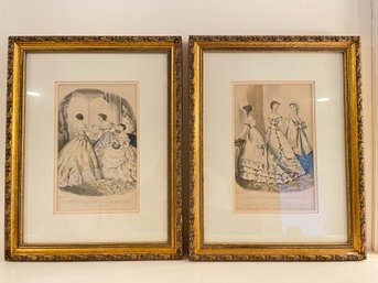 Pair Of Antique French Fashion Prints In Gilt Frames.