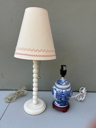 Set Of 2 Table Lamps - Wooden And Blue & White Porcelain