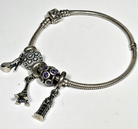 Signed PANDORA Sterling Silver Bracelet And 5 Charms Eiffel Tower, Etc.