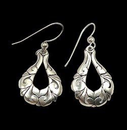 Vintage Sterling Silver Pear Shaped Floral Dangle Earrings