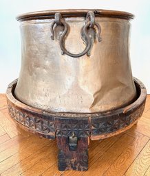 Large Copper Pot With Wrought Iron Handles In Antique Carved Round Wood Stand