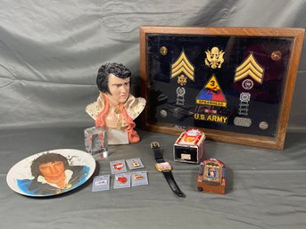 Elvis Presley Memorabilia Military Medals, Bust, Pins, Watch, Plate