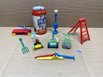 Vintage Dollhouse Landscaping And Other Tools. Lawn Mowers, Ladder, Auto Jack, Pitch Fork, Flat Bed Wagon.