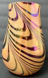 Vintage Art Glass Vase - Iridescent Swirl Golden Peach - Rainbow - Unmarked - 7 H X 4.75 Widest X 3.25 Opening