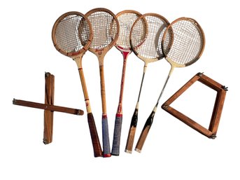 Set Of Five Vintage Squash Racquets & Two Racquet Frames