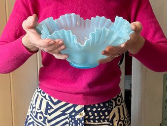 Vintage FENTON 10' Blue Glass Bowl With Ruffled Edge