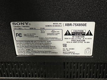 Sony Bravia 75' Television, Model XBR-75X850E, Circa 2017