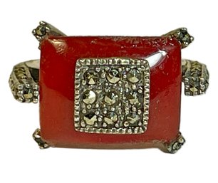 Uniquely Shaped Sterling Silver Marcasite And Carnelian Deco Style Ladies Ring Size 7