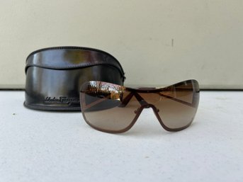 2000s Salvatore Ferragamo Shield Rimless Wrap Sunglasses, Brown With Gold-tone Arms