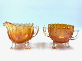 Vintage Pillar Flute Marigold Creamer & Sugar Bowl By Imperial Glass - Ohio