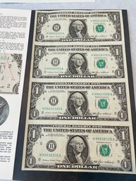 Sheet Of 4 $1 Dollar Bills