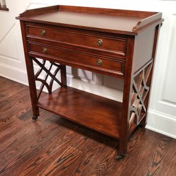 Fabulous Solid Mahogany Table With Two Drawers - Lattice Details - Round Brass Drawer Pulls - Very Nice Piece